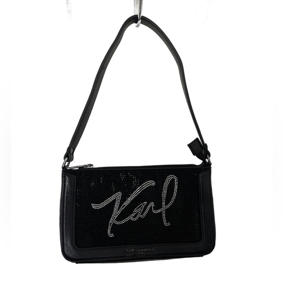 Karl Lagerfeld Of Paris Black With Crystal Embellishments Logo Shoulder Bag - Picture 1 of 9
